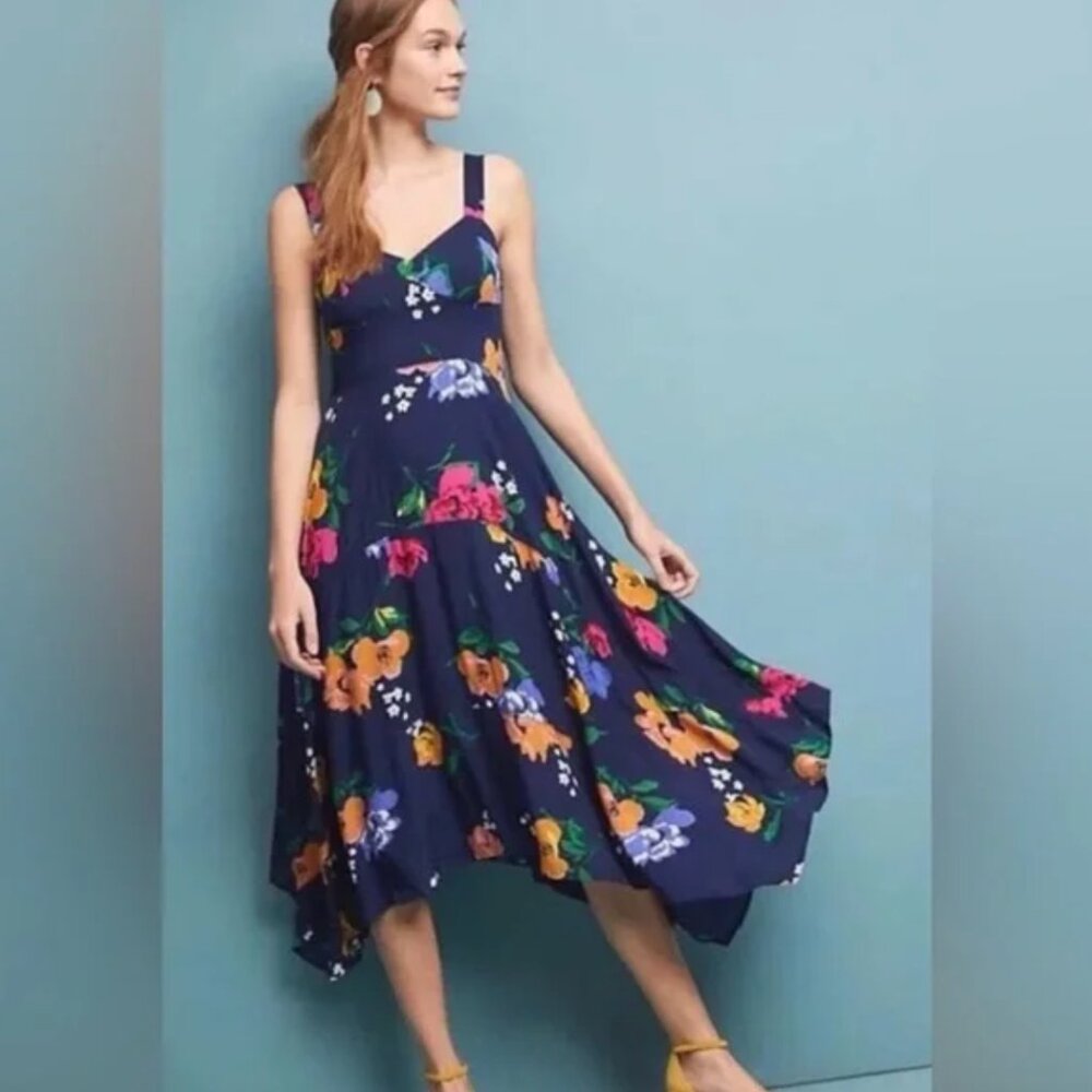 Maeve by Anthropologie Vivienne Navy Blue Floral Midi Dress, Size 8